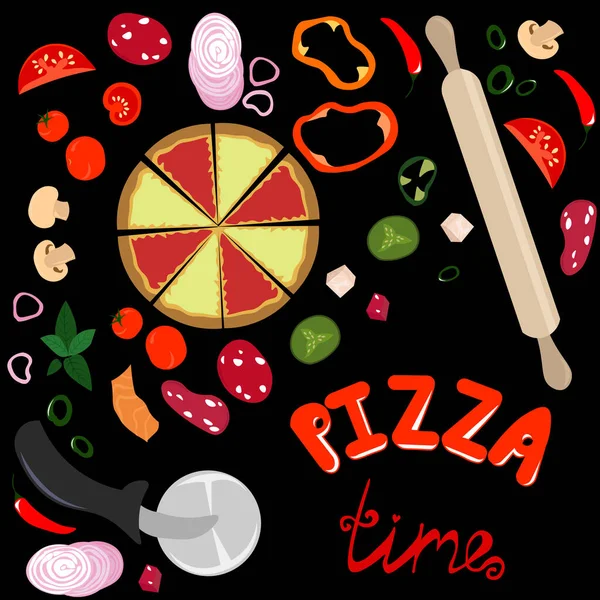 Waktunya makan pizza. Bahan-bahan untuk pizza. Peppercorn, sayuran dan jamur. Pisau pizza dan rolling pin. Surat di latar belakang hitam. Desain untuk logo, menu, brosur . - Stok Vektor