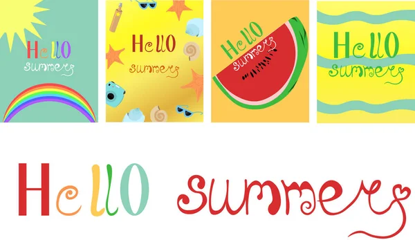 Conjunto de tarjetas de verano, volantes. Hola verano. Letras, caligrafía. Fruta, mar y relajación. Diseño azul y amarillo . — Archivo Imágenes Vectoriales