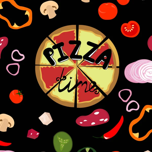 Pizzaidő. Összetevők pizzához. Borskukorica, zöldség és gomba. Fekete hátterű betű. Logó, menü, szórólapok tervezése. — Stock Vector