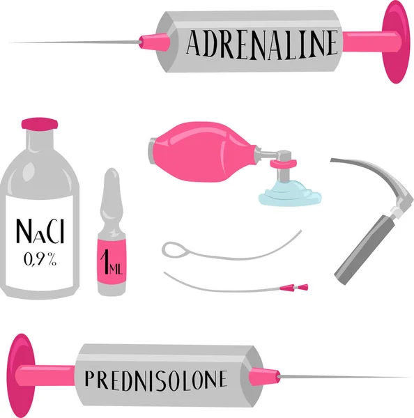 Médecine Pharmacie Injection Réanimation Seringue Avec Médicament Désintoxication Déshydratation Ventilation — Image vectorielle