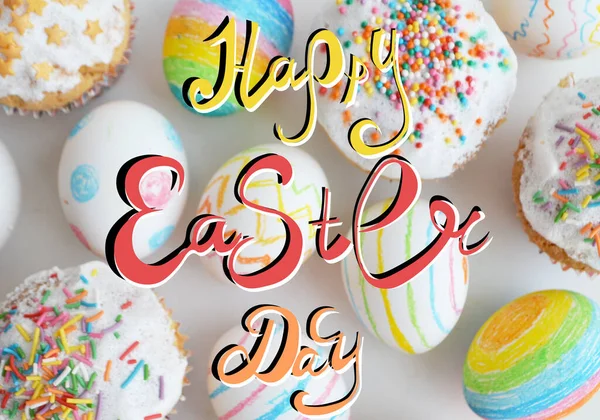 Easter. Colored eggs and cakes. Lettering, congratulations. Design for postcards