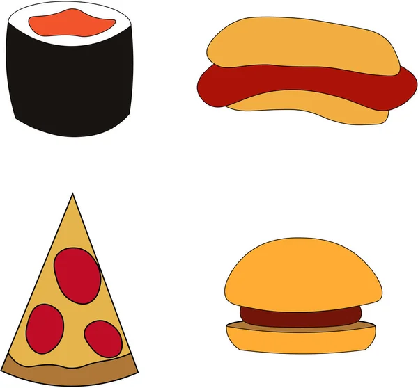 Minimalistic fast food. Pizza and burger. Hot dog and sushi. Design for cafe, restaurant and menu, flyers, advertisements and print