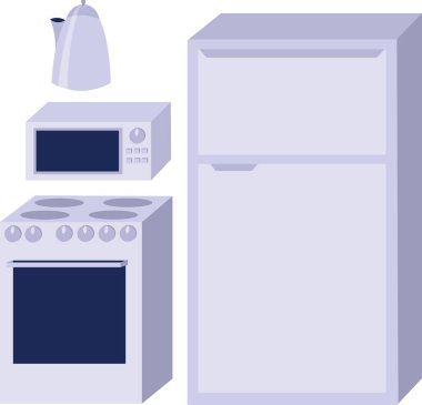 Ev aletleri seti. Buzdolabı ve soba. Mikrodalga ve elektrikli su ısıtıcısı. Mavi tasarım. Mağazanın tasarımı için nesneler, el ilanları, afişler ve reklamlar