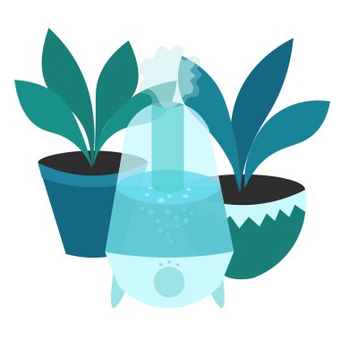 Apartment humidifier with flowers. Useful decoration element. Blue harmonious design. clipart