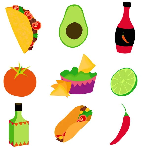 Set Mexican Food Avocado Chili Peppers Burritos Tacos Nachos Other — Stock Vector