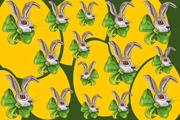 头戴绿色天鹅绒蝴蝶结的野兔节 — 图库照片