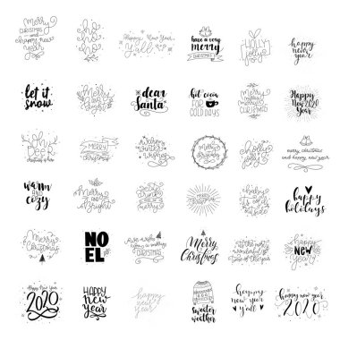Büyük Mutlu Noeller ve mutlu yıllar 2020 el yazması kart tasarımları. Yılbaşı cümleleri. Mutlu noeller. Mutlu bir yeni yıl. 2020.