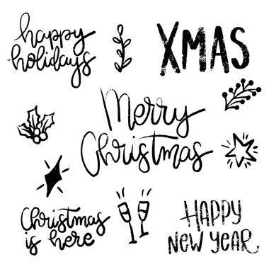 Büyük Mutlu Noeller ve mutlu yıllar 2020 el yazması kart tasarımları. Yılbaşı cümleleri. Mutlu noeller. Mutlu bir yeni yıl. 2020.