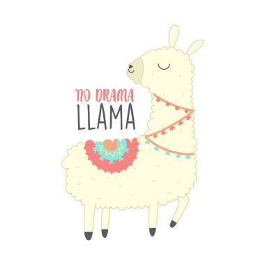 Şirin Lama İllüstrasyonu. Şirin alpaka çizgi film karakteri. Kart tasarımı, selamlama veya davetiye kartı, çocuk odası ve diğer konularda kullanılabilir..