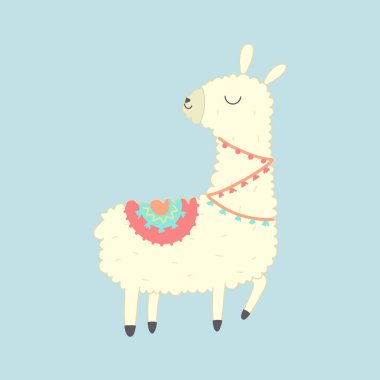 Şirin Lama İllüstrasyonu. Şirin alpaka çizgi film karakteri. Kart tasarımı, selamlama veya davetiye kartı, çocuk odası ve diğer konularda kullanılabilir..