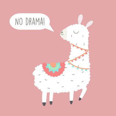 Şirin Lama İllüstrasyonu. Şirin alpaka çizgi film karakteri. Kart tasarımı, selamlama veya davetiye kartı, çocuk odası ve diğer konularda kullanılabilir..