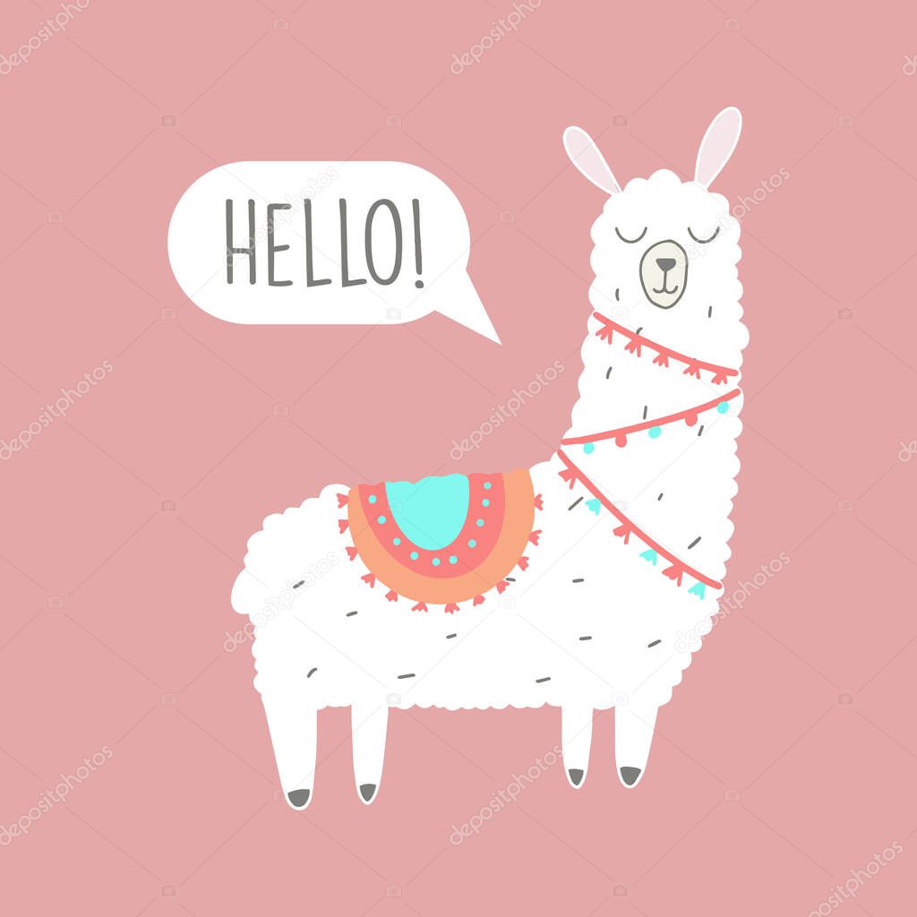 Cute Llama Illustration. Cute alpaca cartoon character. Can be used for card design, greeting or invitation card, nursery, and other.