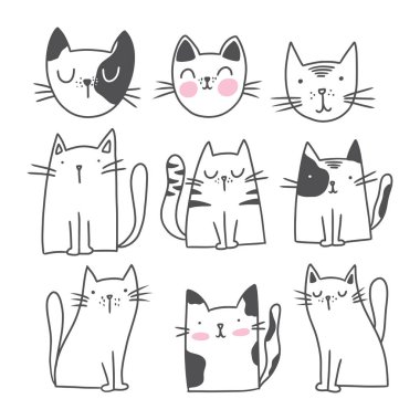Sevimli Cat Doodle tarzı çizimler. Bir dizi komik el çizilmiş kedi..