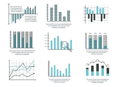 İş bilgisi bilgileri. Pazarlama grafikleri, grafikler gibi iş unsurlarının vektör kümesi. Bilgi işleme veri şablonu.