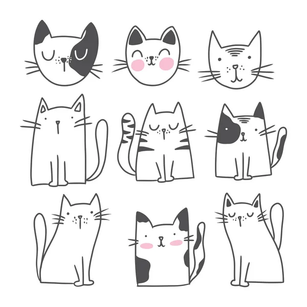 Cute Cat Doodle Estilo Ilustrações Conjunto Gatos Engraçados Desenhados Mão — Vetor de Stock