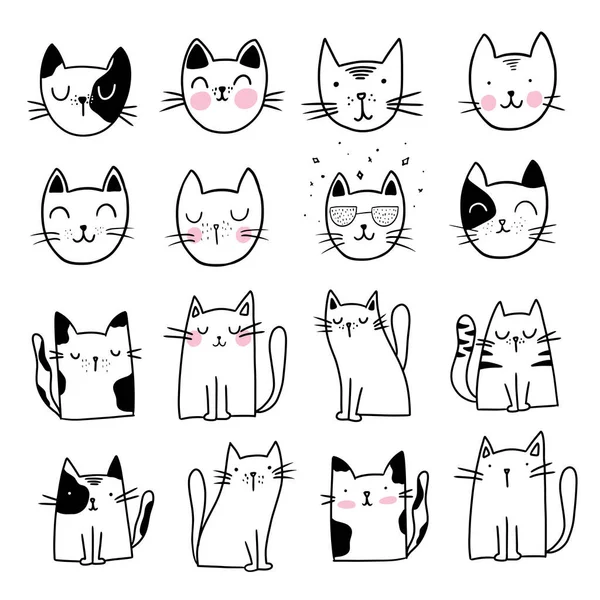 Lindo Gato Doodle Estilo Ilustraciones Conjunto Gatos Dibujados Mano Divertidos — Vector de stock