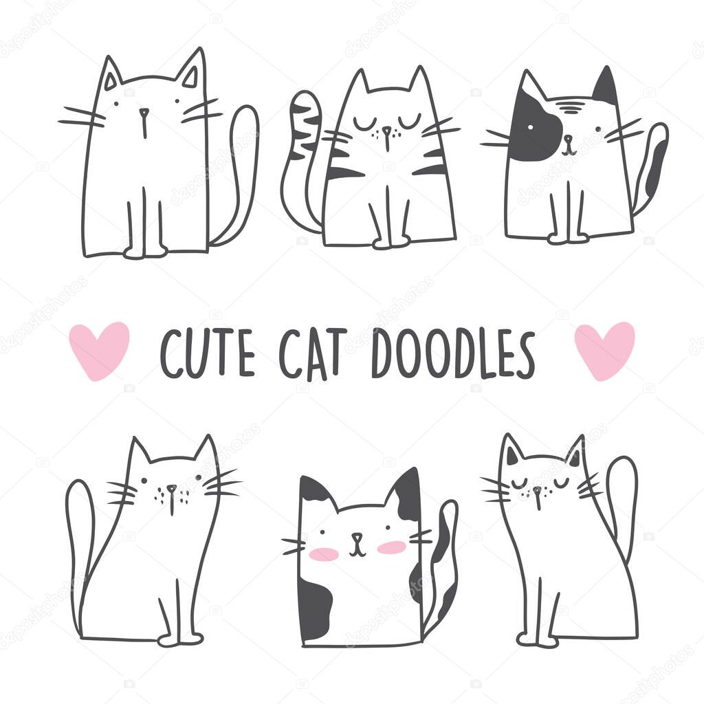 Cute Cat Doodle style illustrations. Set of Funny hand drawn cats.