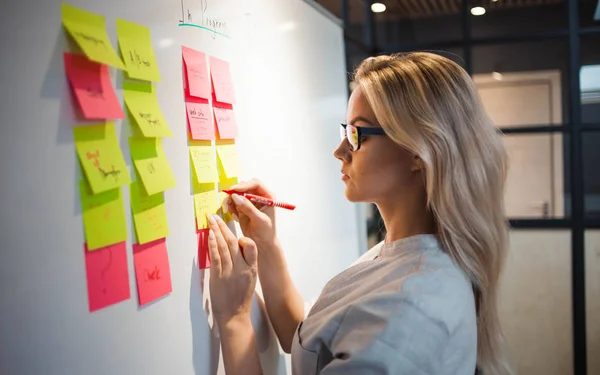 Gestione del progetto, metodologia agile. giovane donna d'affari in ufficio stanno lavorando su una startup . — Foto Stock