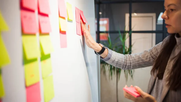 Gestão de projetos, metodologia ágil. jovem empresária no escritório estão trabalhando em uma startup . — Fotografia de Stock