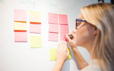 Proje yönetimi, çevik yöntem. Ofisteki genç iş kadını bir girişim üzerinde çalışıyor..