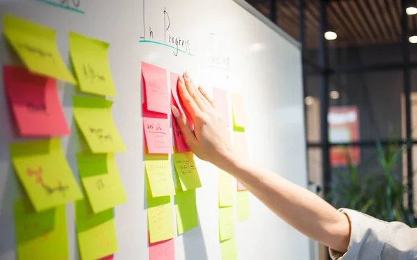 Proje yönetimi, çevik yöntem. Ofisteki genç iş kadını bir girişim üzerinde çalışıyor..