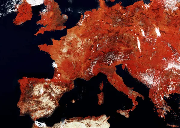 Satellite map of Europe with a warning red tones. Border closures, quarantine in case of a virus pandemic.