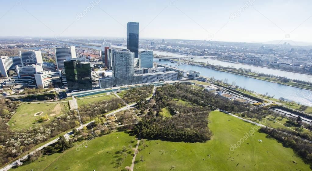 Aerial view of danube river and vienna international center,