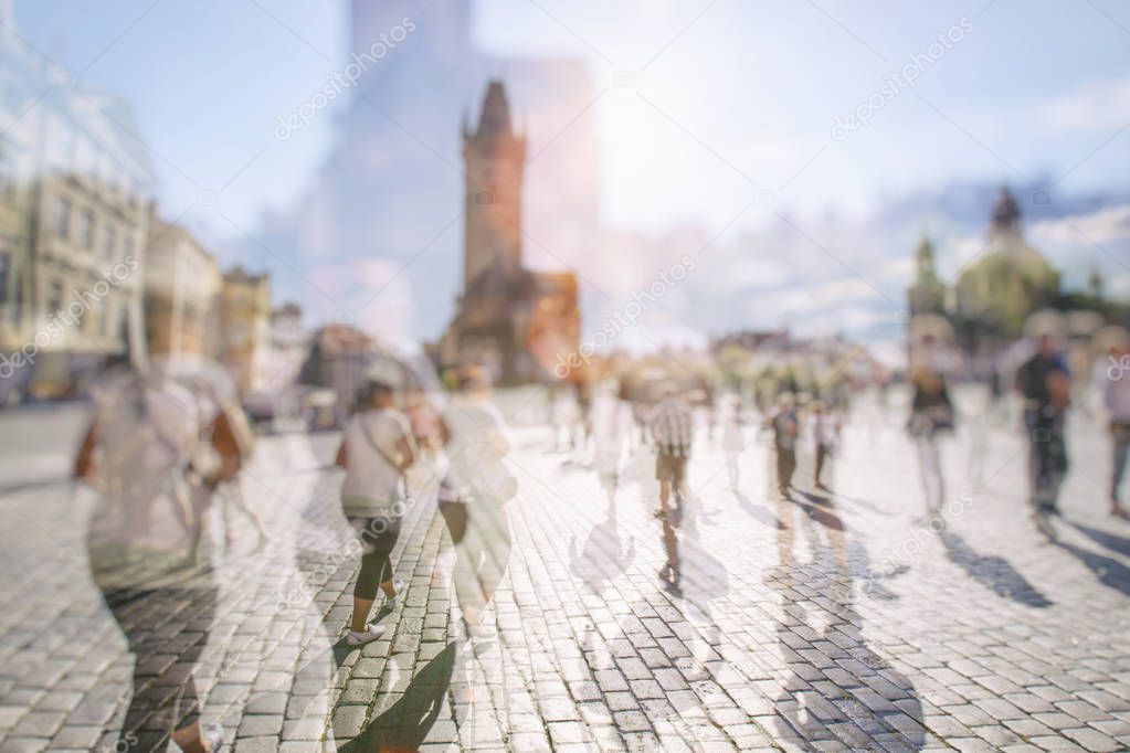 people walking at the city. motion blur 