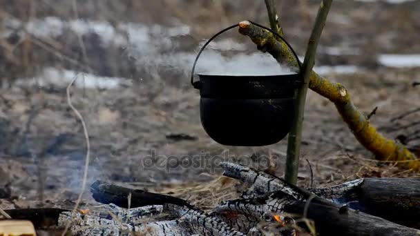 Hervidor de agua con sopa de pescado cocinada al fuego . — Vídeos de Stock