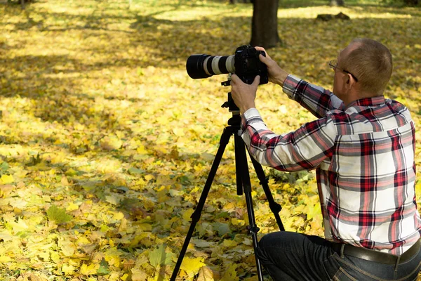 Fotógrafo tomar fotos en el parque de otoño . —  Fotos de Stock