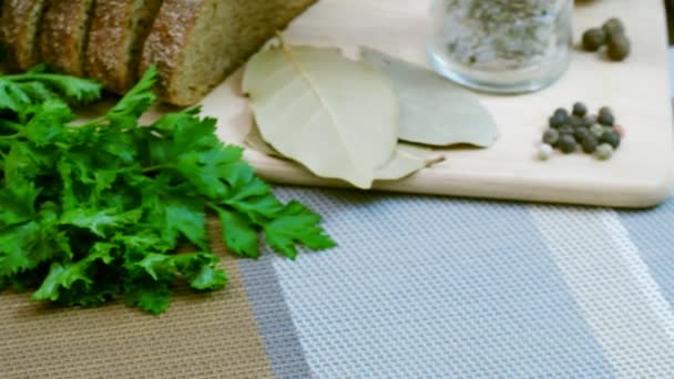 Mushroom soup with croutons in a white dish is on a wooden table. Tripod pan filming. — Stock Footage Mushroom Soup Croutons White Dish Wooden Table Tripod Pan Filming Stock Video