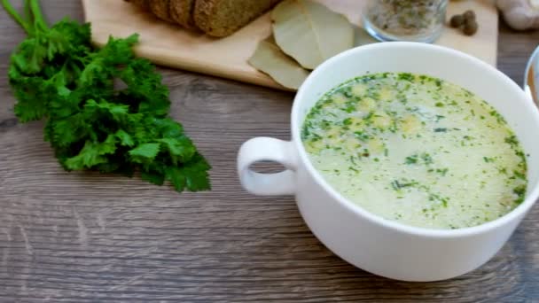Mushroom Soup Croutons White Dish Wooden Table Video Filmed Dolly — Stock Video
