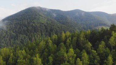 Bulutların arasındaki güzel dağların üzerinde uçan drone.