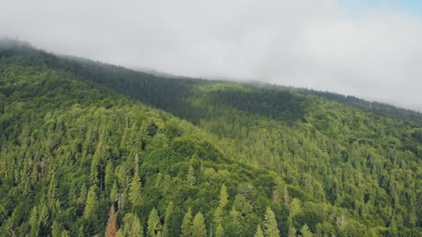 Drone volant au-dessus de belles montagnes parmi les nuages.