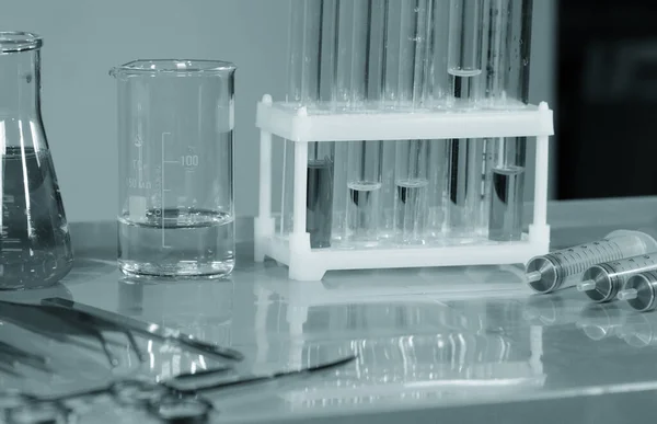 Test Tubes Flasks Also Other Devices Stand Table Laboratory — 스톡 사진