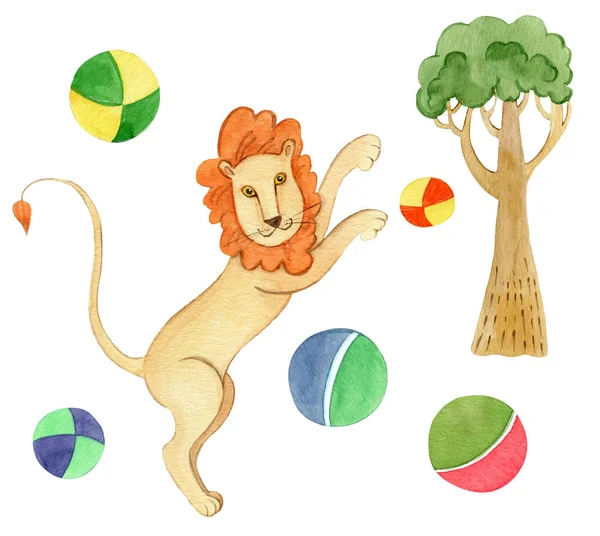 León con bolas de colores Imagen de stock