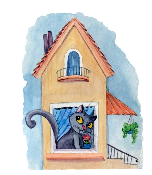 Handgemalte Aquarell Illustration Einer Niedlichen Katze Die Einem Kleinen Haus — Stockfoto