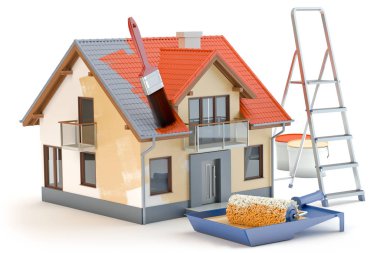 Ev tadilatı. Ev boyaları ve merdiven, 3D çizimler.
