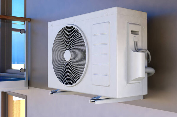 Air compressor installation on wall, 3D illustration