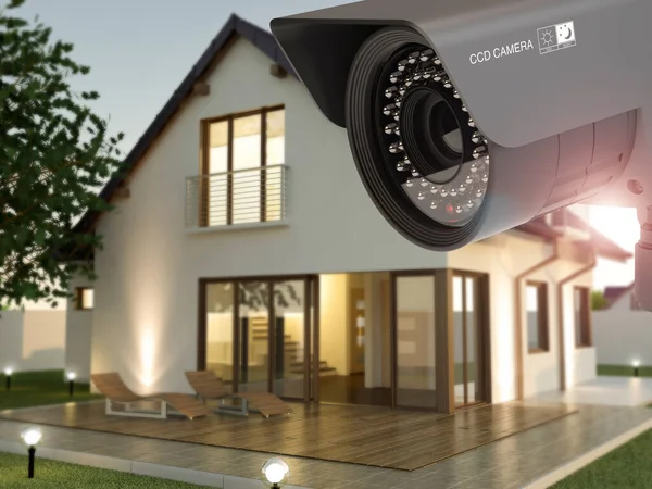 Security camera and home in the evening, 3D illustration
