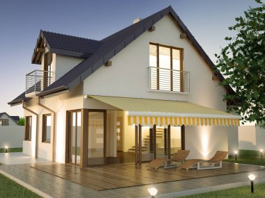 House with terrace in the evening clipart