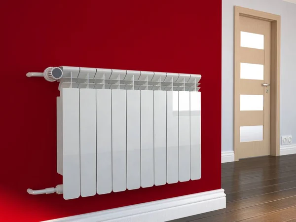 Heating radiator on red wall, 3d illustration