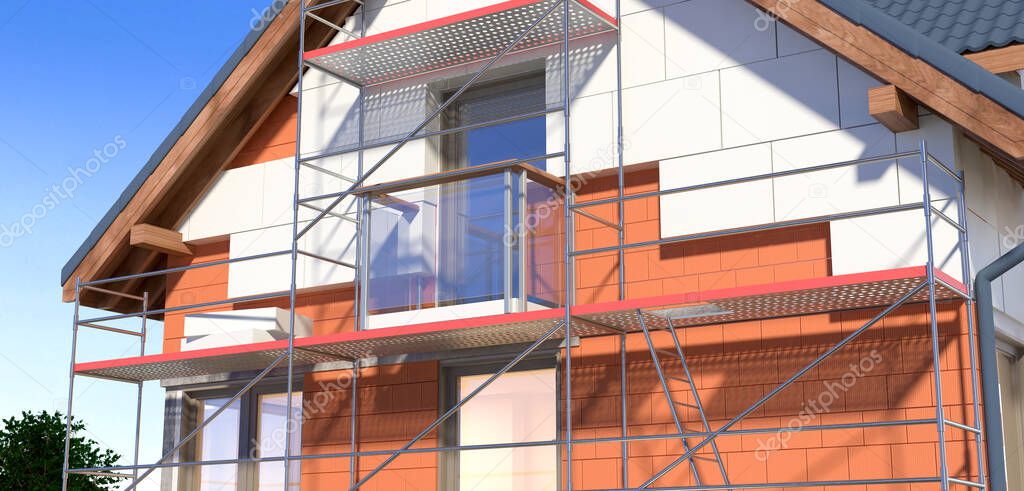 House and scaffolding v2, 3D illustration