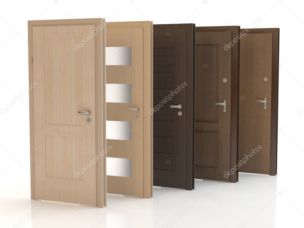 Doors collection. Interior and exterior wooden doors, 3d illustration