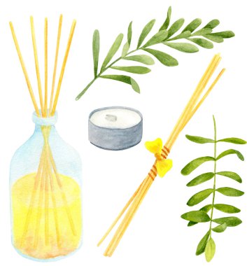 Suluboya spa aromaterapi seti. El çizimi yüzen mum, cam şişedeki ahşap aroma çubukları gerekli yağ, okaliptüs ve beyaz arka planda tasarım ve dekorasyon için çay ağacı dalları..