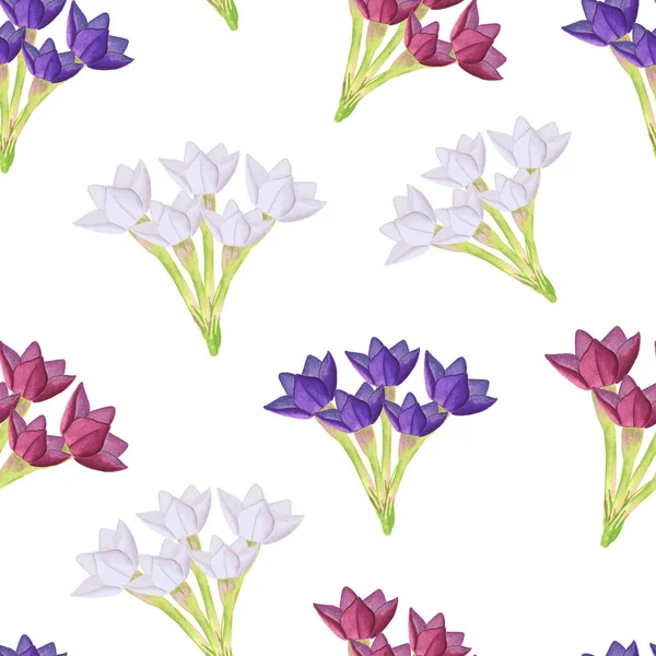 Akvarel bílé, fialové a vínové květy kytice hladký vzor. Ručně kreslené campanula rostliny, tabákové pupeny izolované na pozadí pro design a dekoraci, karty, balicí papír. — Stock fotografie