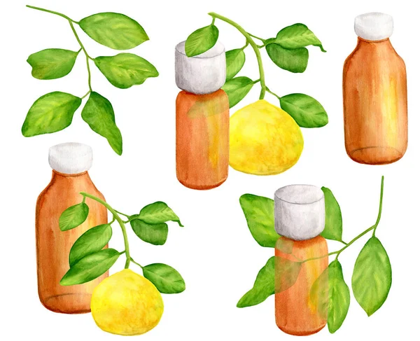Aquarel citroen essentiële olie set. Met de hand getekende gele citrusvruchten, bladeren, donkere glazen flessen geïsoleerd op witte achtergrond. Spa clipart elementen voor design en decoratie. — Stockfoto
