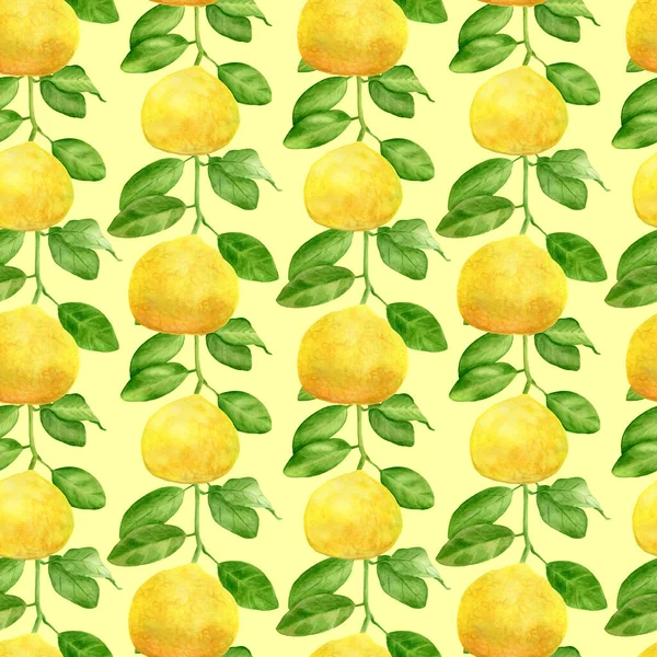 水彩レモンの枝とシームレスなパターンを残します。パステルイエローの背景に隔離された手描きの植物。デザインと装飾、カード、包装、繊維のための植物イラスト. — ストック写真
