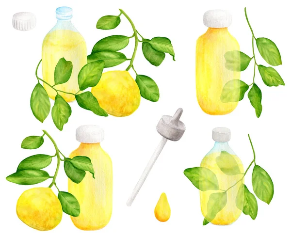 Akvarell citrom illóolaj készlet. Sárga citrusfélék, levelek, üvegpalack, fehér alapon izolált csepegtető. Spa előfizetői elemek tervezés és dekoráció. — Stock Fotó