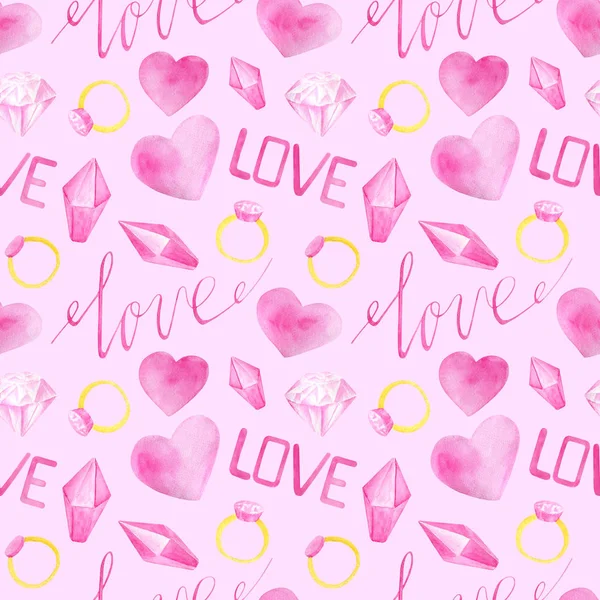 Padrão sem emenda romântico aquarela para o Dia de São Valentim. Corações cor-de-rosa desenhados à mão, amor, diamantes, anéis, letras caligráficas. Elementos isolados em rosa para cartões de felicitações, embrulho, impressão . — Fotografia de Stock